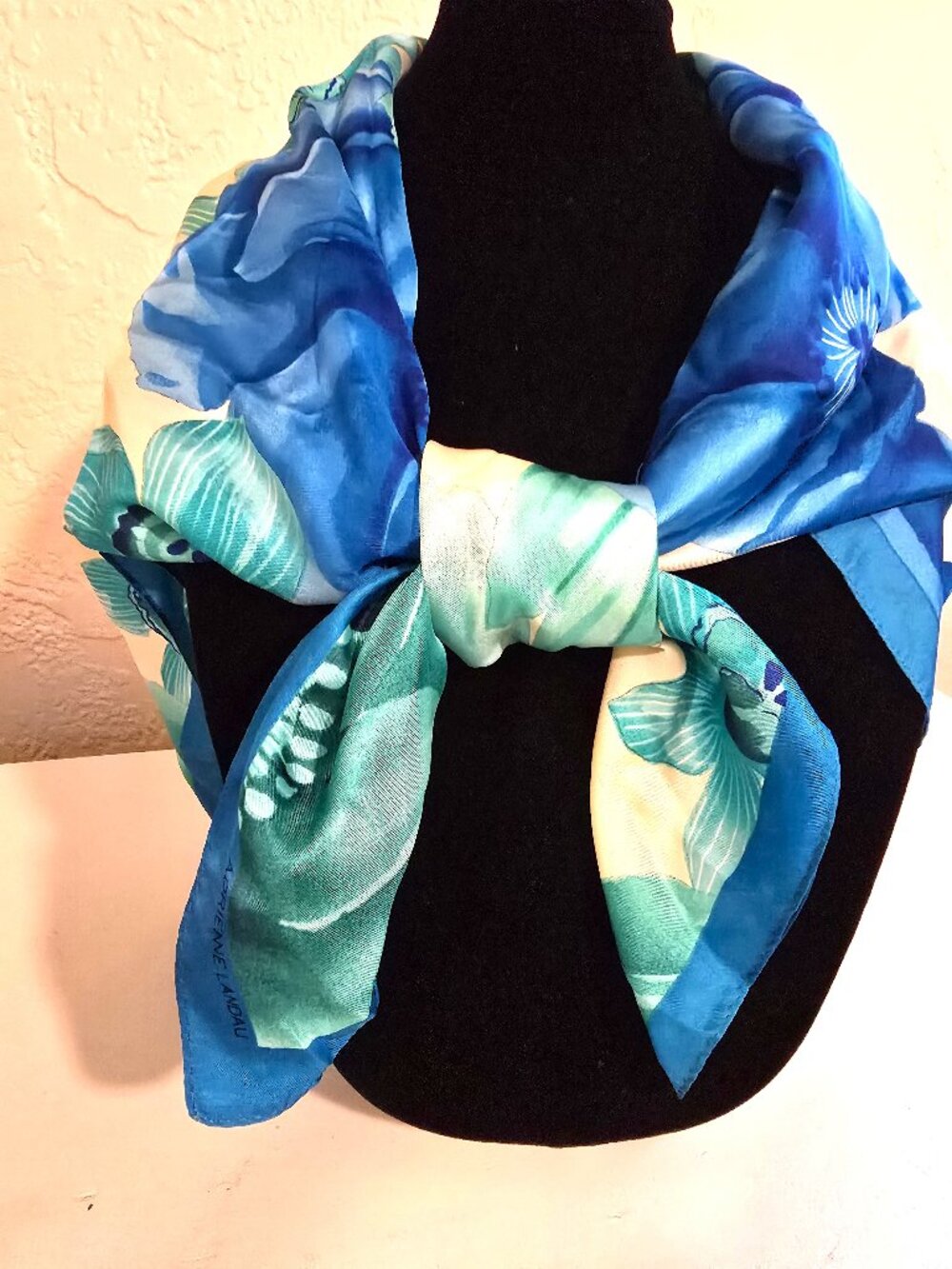 Adrienne Landau 100% silk Square Scarf Floral Orchid Blue Teal Turquoise 34" Sq